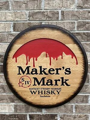 MAKER'S MARK SignCarved Drip Bourbon OAK Whiskey Barrel Head Bar Sign • $199