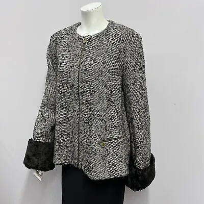 Versus Gianni Versace Tweed Jacket W/ Faux Fur Wide Cuffs Black Off White 28/42 • $138.35