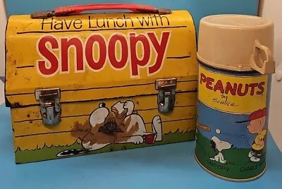 VINTAGE SNOOPY DOMED METAL LUNCH BOX & THERMOS 1968 For Parts Or Restoration  • $44.99