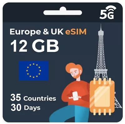 12GB 30 Days Europe & UK 35 Countries Prepaid Data ESIM Card 5G 4G LTE Data • $19.01