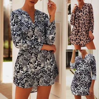 $15.59 • Buy Womens Leopard V-Neck Mini Shirt Dress Ladies Casual Party Dresses Long Tops AU