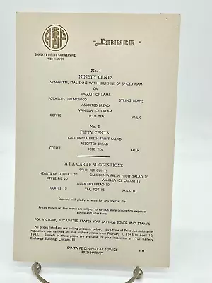 1943 Santa Fe Dining Car Dinner Menu Fred Harvey Service Single Sheet 8-11 • $15.95