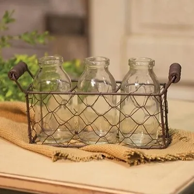 3 Glass Bottles With Chicken Wire Carrier Farmhouse Decorations • $15