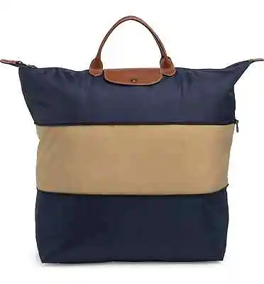 Longchamp Expandable Le Pliage Nylon Large Travel Bag Tote Bag ~NIP~ NAVY/ BEIGE • $175.50