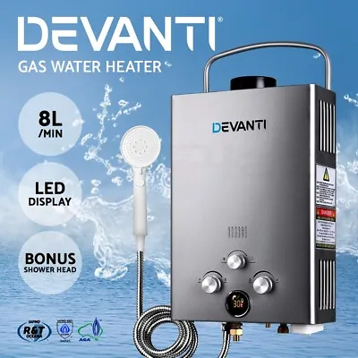 Devanti Portable Gas Water Heater 8LPM Outdoor Camping Shower Grey • $169.95