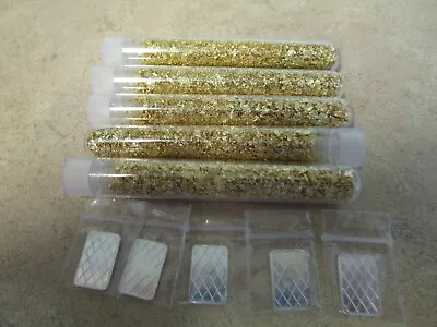 5 Large  Vials Of Gold Flakes And 5 1 Gram Silver Bars And Rounds Varous Desins • $24