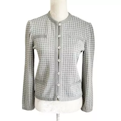 Vintage St. John Knit Plaid Cardigan Jacket Gray And White Marie St. John Size S • $88
