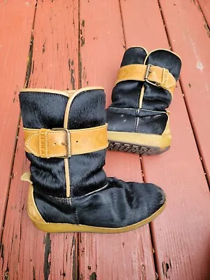 Vtg 1970s Tecnica Apres Black Tan Goat Fur After Ski Snow Boots Womens 7.5 • $49.99