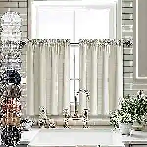  Tier Curtains 24 Inches Long For Kitchen Faux Linen Woven Textured 32x24 Beige • $28.33