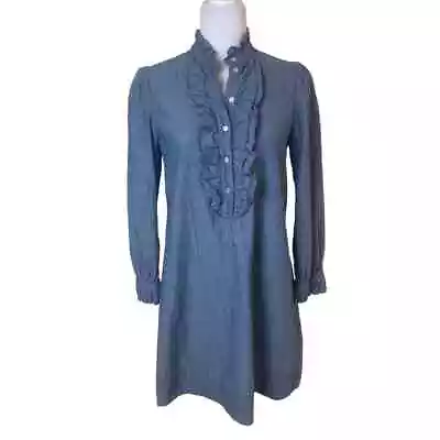 J. Crew Size XS Chambray Denim Ruffled Dress Blue 100% Cotton Long Sleeve • $27.30