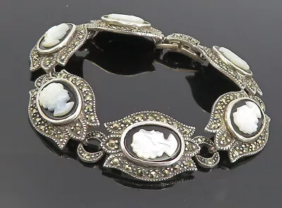 925 Silver - Vintage Mother Of Pearl & Black Onyx Cameo Chain Bracelet - BT3805 • $133.95