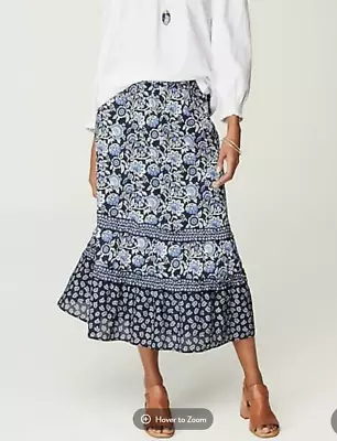 J. Jill Mixed-Print Ruffled Maxi Skirt LP Navy Blue Climbing Floral 265302 Relax • $23