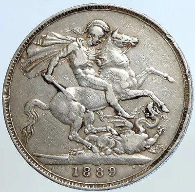 1889 GREAT BRITAIN Queen Victoria SAINT GEORGE Horse Silver Crown Coin I113275 • $458.80