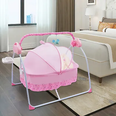 Pink Electric Baby Rocker Swing Rocking Crib Cot Bed Infant Cradle W/ Bluetooth • £71.25