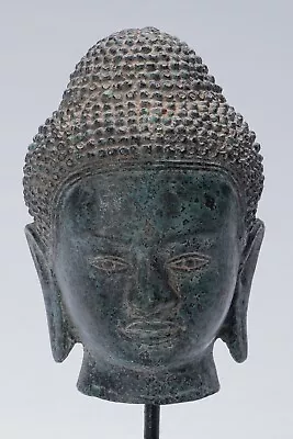 Antique Khmer Style Mounted Bronze Phnom Da Buddha Head Statue - 22cm/9  • $309.50