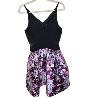 Xscape Womens 6 Black Purple Floral Mesh Side Sleeveless A-Line Mini Dress • $48.77