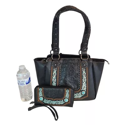 Montana West American Bling Embroidery Purse Matching Wallet Saddle Bag Black • $64.99