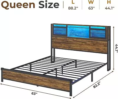 Full/Queen/King Size Bed Frame W/LED Lights & Practical Storage Headboard Brown • $179.89