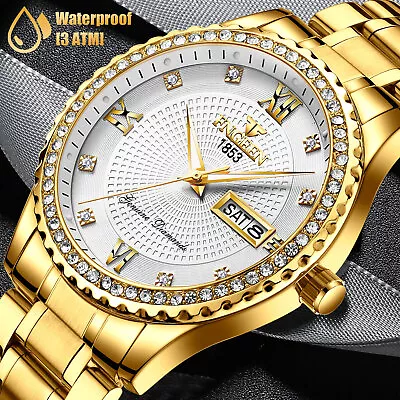 FNGEEN Waterproof Gold Men Quartz Watch Classic Stainless Steel Analog Business • $14.48