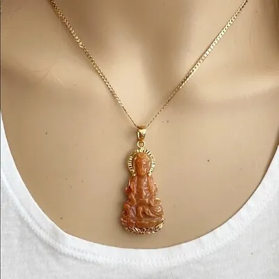 18K Solid Yellow Gold Lady Quan/Kwan Yin Buddha Natural Real Jade Pendant - P355 • $929