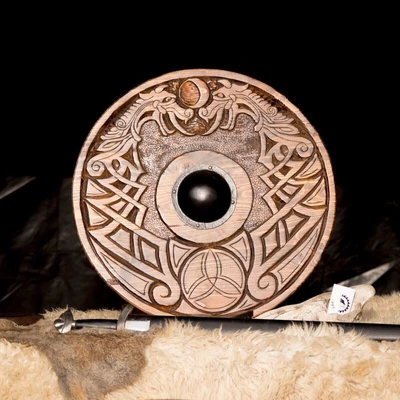 £132 • Buy Authentic, Wooden, Medieval LARP Hand Carved Viking Shield With Steel Boss