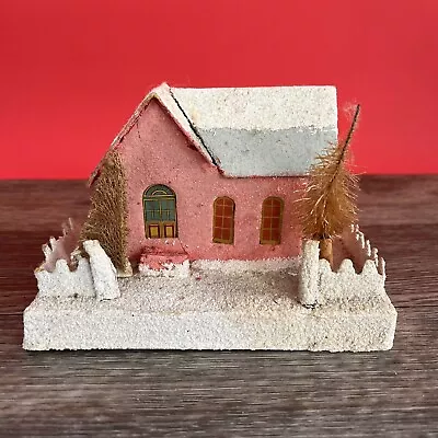 Vintage Christmas Japan Putz Cardboard Church House Mica Glitter Trees Pink • $25