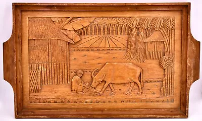 Mid-Century Vintage Hand Carved Lg Mexican Wooden Folk Art Serving Tray 21 X12  • $27.97