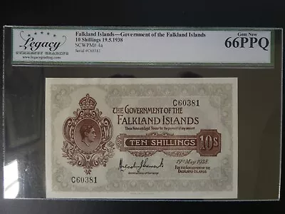 Scarce 1938 Falkland Islands 10/- Banknote Slabbed 66 Gem New Unc • £600