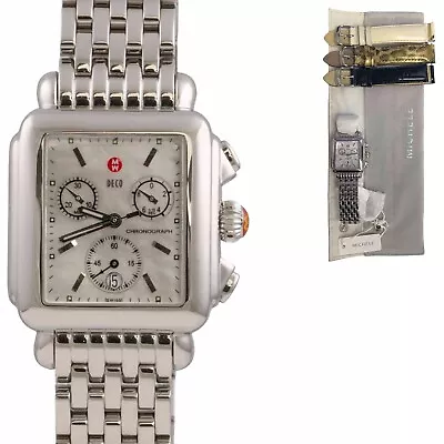 Michele Deco Stainless Steel White MOP 33x35mm Watch MW06A00 POUCH + EXTRA BANDS • $375