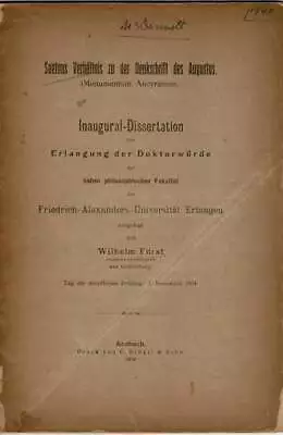 Wilhelm Furst / Suetons Verhaltnis Zu Der Denkschrift Des Augustus Monumentum • $51