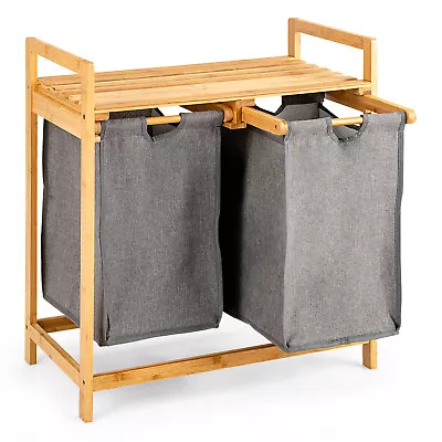 Bamboo Laundry Hamper W/Dual Compartments Laundry Sorter W/Shelf • $54.99