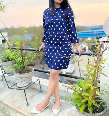 Zara Polka Dot Printed Shift Mini Dress Navy Shift Retro Vintage S NEW 193391 • $9.93