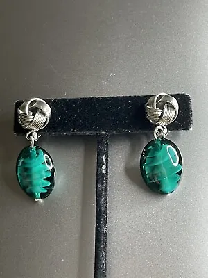 Vtg 70s Green Glass Pendant Earrings • $18