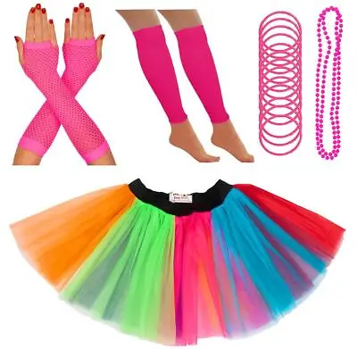 NEON TUTU SKIRTS 80s SET FANCY DRESS LEG WARMERS GLOVES BEADS GUMMYS HEN PARTY • £7.99