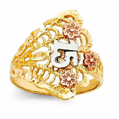 Multi Flower Sweet 15 Años 14k 3 Tone Gold Fan Ring Flor Quinceañera Oro Anillo • $299.99