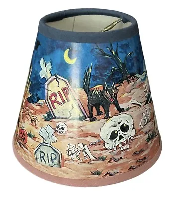 Vintage Halloween Mini Lamp Shade Graveyard Cat Skulls Pumpkins Bats Blue RIP • $29.95