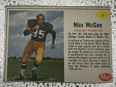Max McGee 1962 Post Cereal Football Card #9 SP Green Bay Packers • $75