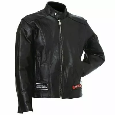 MENS MOTORCYCLE LEATHER JACKET W/ NEHRU COLLAR & LIVE TO RIDE PATCHES • $78.79