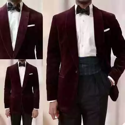 Burgundy Velvet Men Smoking Jacket Dinner Prom Party Casual Vintage Wear Blazer • $55.79