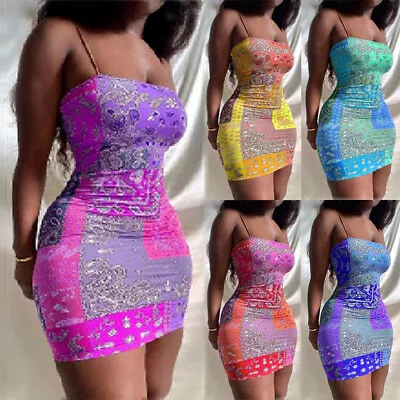 Women Printed Summer Beach Boho Sundress Ladies Strappy V Neck Mini Cami Dress ☆ • $9.16