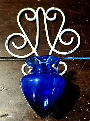 Vintage Hand Blown Cobalt Blue Miniature Flower Vase W Hanging Wall Sconce • $10