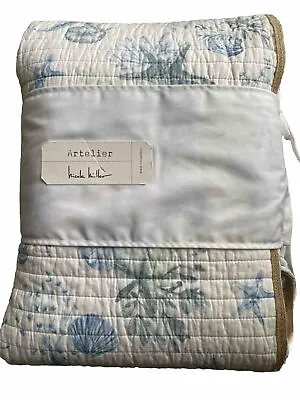 NEW Nicole Miller  King Size Cotton Quilt 106x92 Ocean Reversible White Blue NWT • $124