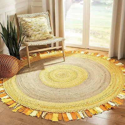 Shaggy Frilled Rugs Round Jute Cotton Braided Rug Recycled Fabric Area Carpet • £20.46