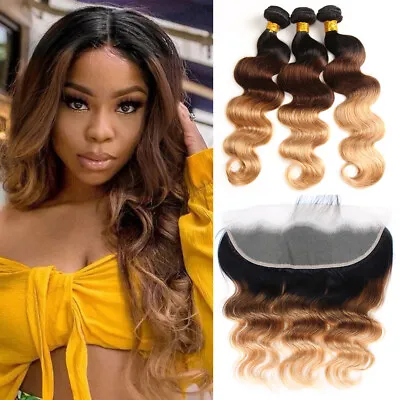 Ombre Human Hair Bundles With Frontal 13*4 Lace Frontal Body Wave Hair 1b/4/27 • £133.40