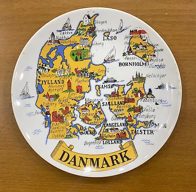 Vintage Souvenir Porcelain Plate Map Danmark City Decor World  Hand Painted 8  • $84.82