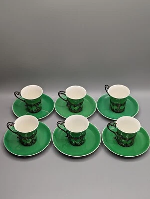 £140 • Buy Aynsley 1920s Sterling Silver Set 6 Coffee Cups & Saucers Mounts, London, Rare