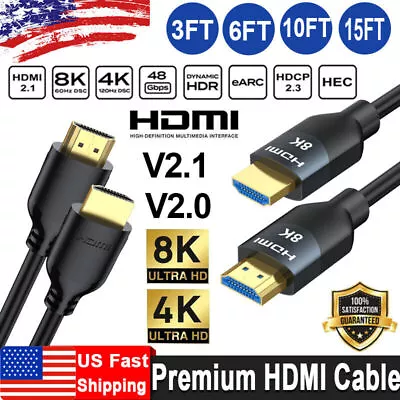 HDMI Cable V2.1 V2.0 8K 4K High Speed 3D Ethernet PC Cord 3FT 6FT 10FT 15FT 25FT • $6.99