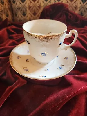Vintage Mustache Cup & Saucer Blue Daisy Floral Gilt Trim Bone Porcelain Mug • $27.99