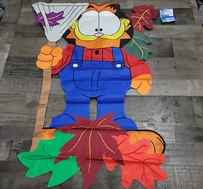 Garfield Fall Farmer Thanksgiving Rake Leaf Windsculpt Applique Large Yard Flag • $34.99