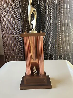 Vtg 18.5” Copper-finished Wide Column Victory Trophy On Wooden Base For Re-use • $42